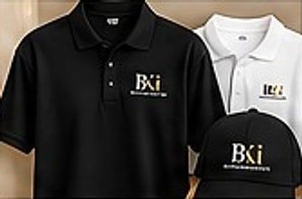 Polo shirt hitam, polo shirt putih, dan topi hitam berlogo BKi